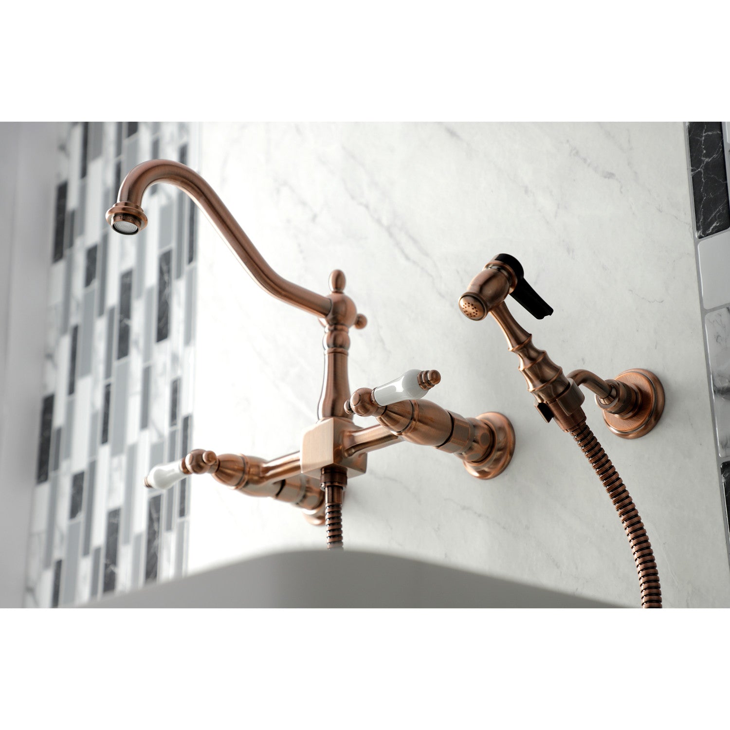 Kingston Heirloom KS124PLBSAC - Heritage Two-Handle 3-Hole Wall Mount Bridge Kitchen Faucet with Brass Sprayer, Antique Copper — thumbnail 2